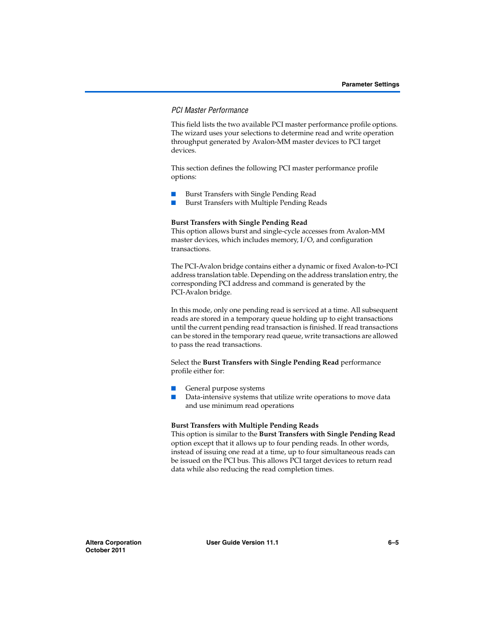 Pci master performance, Burst transfers with single pending read, Burst transfers with multiple pending reads | Altera PCI Compiler User Manual | Page 255 / 360