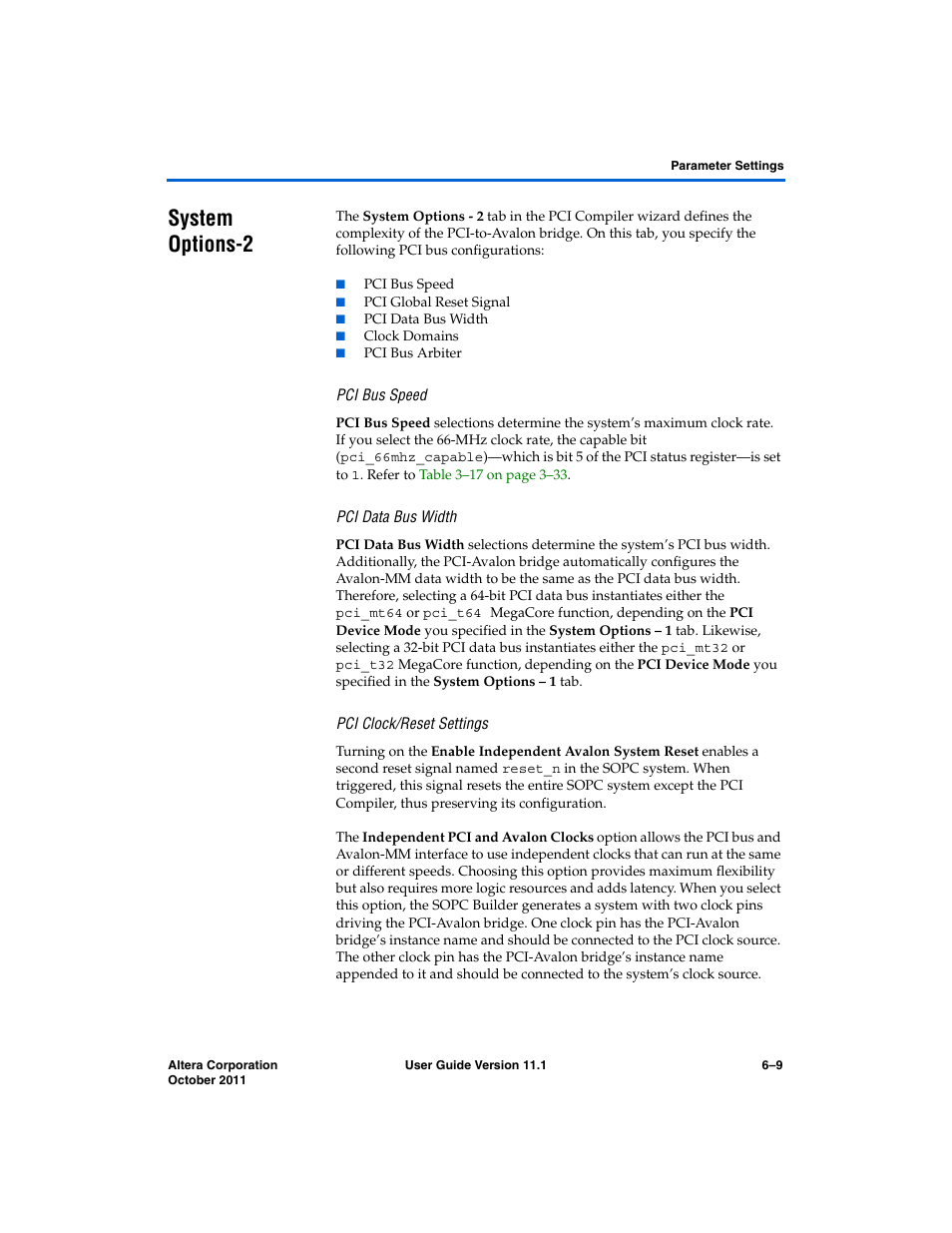 System options-2, Pci bus speed, Pci data bus width | Pci clock/reset settings, System options-2 –9 | Altera PCI Compiler User Manual | Page 259 / 360