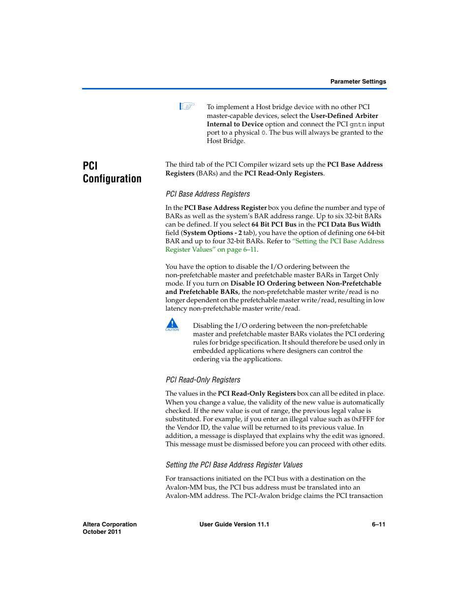 Pci configuration, Pci base address registers, Pci read-only registers | Setting the pci base address register values, Pci configuration –11 | Altera PCI Compiler User Manual | Page 261 / 360