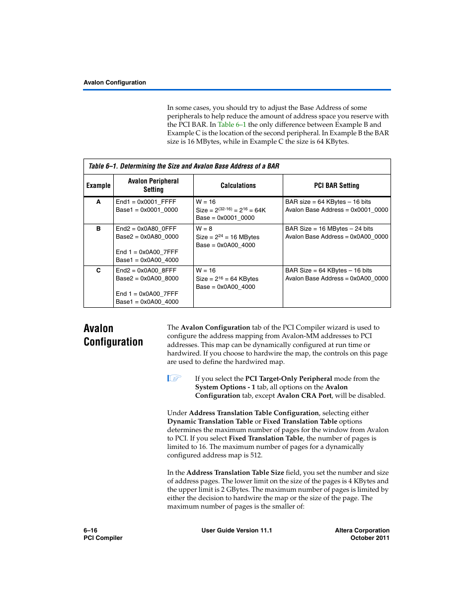 Avalon configuration, Avalon configuration –16, Table 6–1 | Altera PCI Compiler User Manual | Page 266 / 360