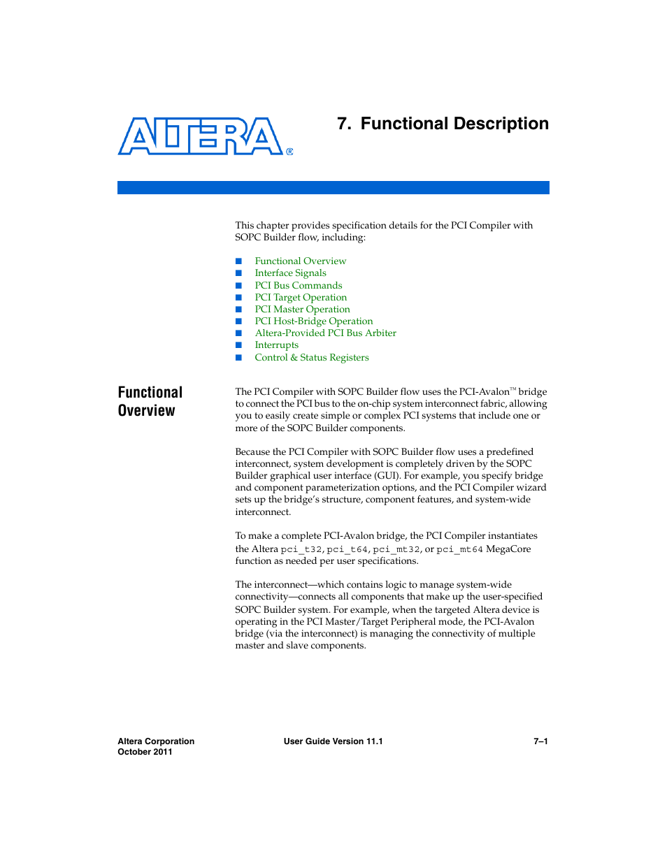Functional description, Functional overview, Chapter 7. functional description | Functional overview –1, Chapter 7, functional description | Altera PCI Compiler User Manual | Page 269 / 360
