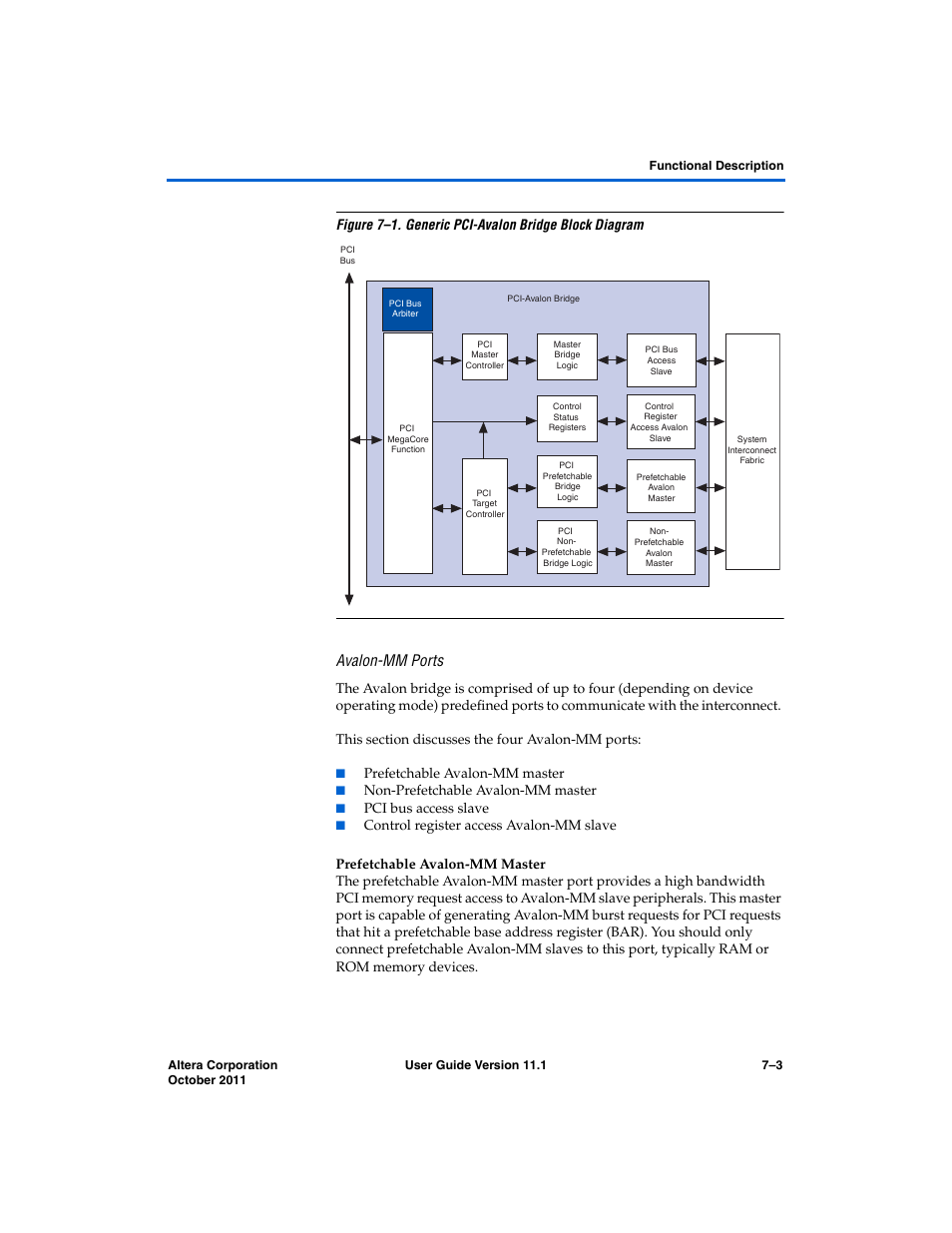 Avalon-mm ports, Prefetchable avalon-mm master, Non-prefetchable avalon-mm master | Pci bus access slave | Altera PCI Compiler User Manual | Page 271 / 360