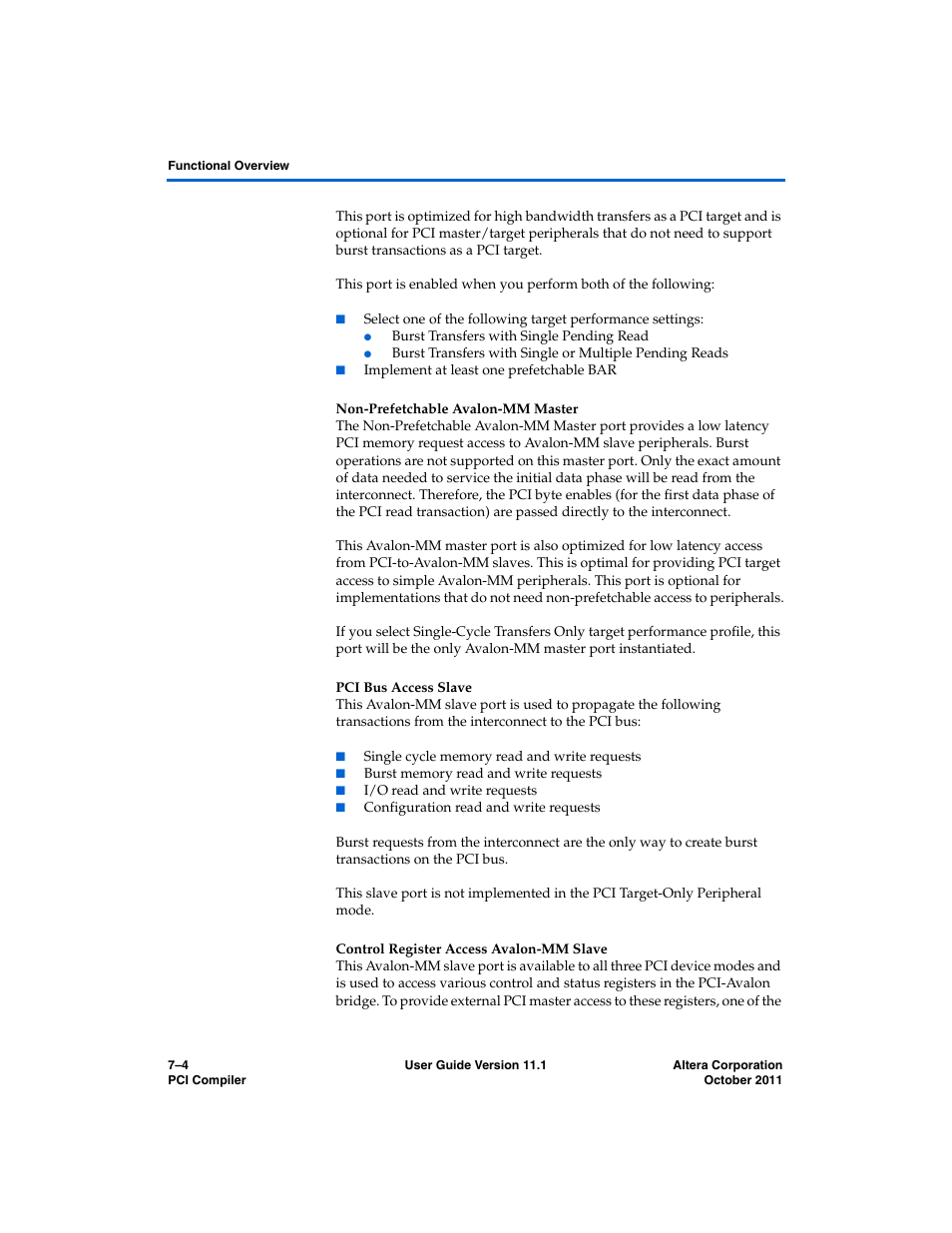 Non-prefetchable avalon-mm master, Pci bus access slave, Control register access avalon-mm slave | Altera PCI Compiler User Manual | Page 272 / 360