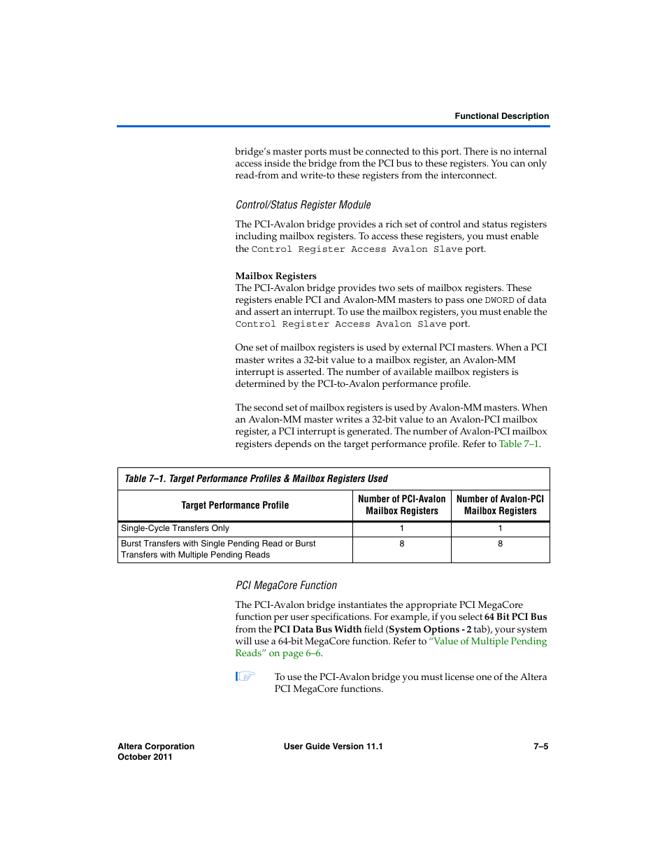 Control/status register module, Mailbox registers, Pci megacore function | Altera PCI Compiler User Manual | Page 273 / 360