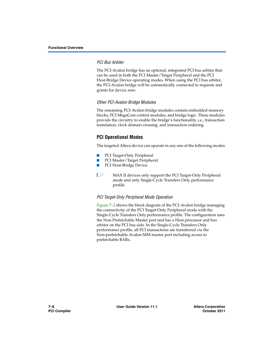 Pci bus arbiter, Other pci-avalon bridge modules, Pci operational modes | Pci target-only peripheral mode operation | Altera PCI Compiler User Manual | Page 274 / 360