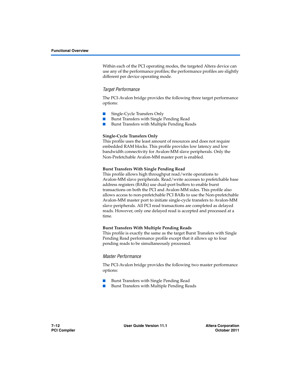 Target performance, Single-cycle transfers only, Burst transfers with single pending read | Burst transfers with multiple pending reads, Master performance | Altera PCI Compiler User Manual | Page 280 / 360