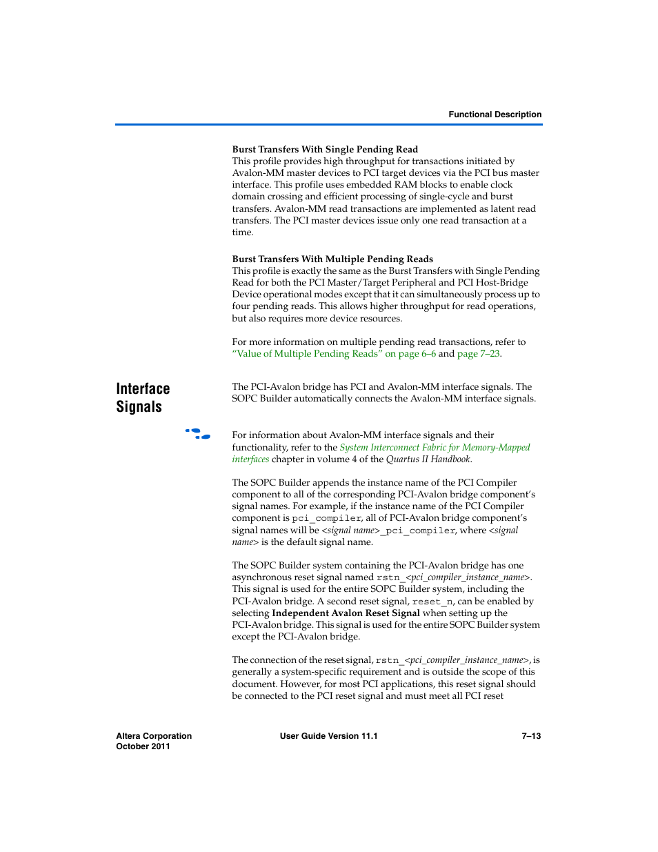 Burst transfers with single pending read, Burst transfers with multiple pending reads, Interface signals | Interface signals –13 | Altera PCI Compiler User Manual | Page 281 / 360