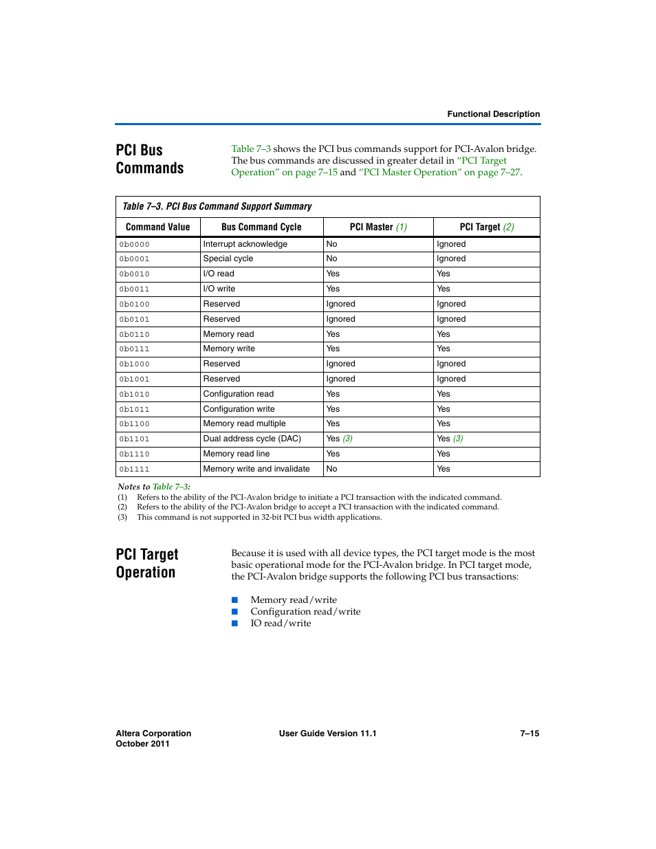 Pci bus commands, Pci target operation, Pci bus commands –15 pci target operation –15 | Altera PCI Compiler User Manual | Page 283 / 360