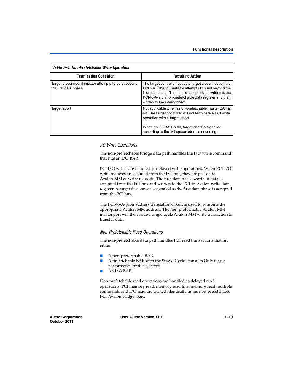 I/o write operations, Non-prefetchable read operations | Altera PCI Compiler User Manual | Page 287 / 360