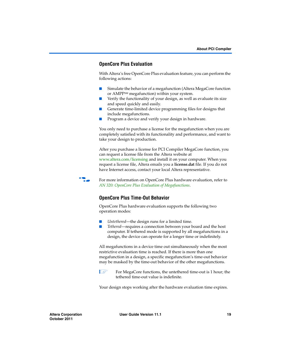 Opencore plus evaluation, Opencore plus time-out behavior | Altera PCI Compiler User Manual | Page 31 / 360