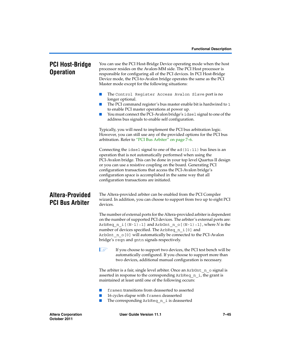 Pci host-bridge operation, Altera-provided pci bus arbiter | Altera PCI Compiler User Manual | Page 313 / 360