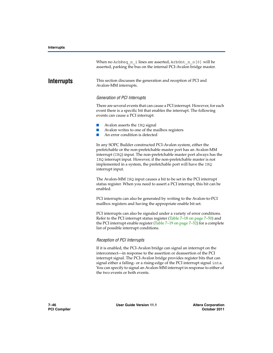 Interrupts, Generation of pci interrupts, Reception of pci interrupts | Interrupts –46 | Altera PCI Compiler User Manual | Page 314 / 360
