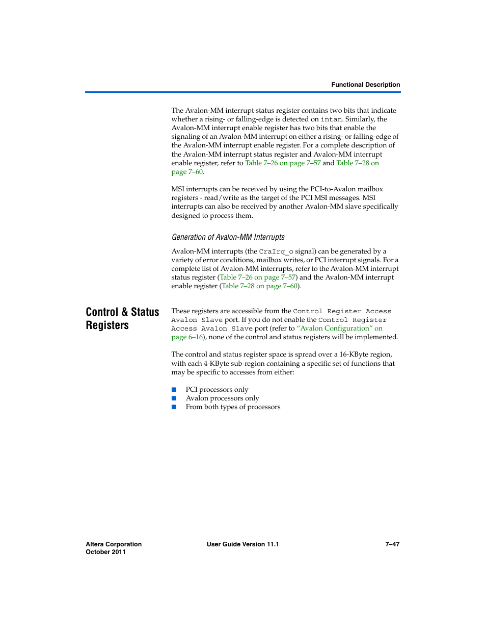 Generation of avalon-mm interrupts, Control & status registers, Control & status registers –47 | Altera PCI Compiler User Manual | Page 315 / 360
