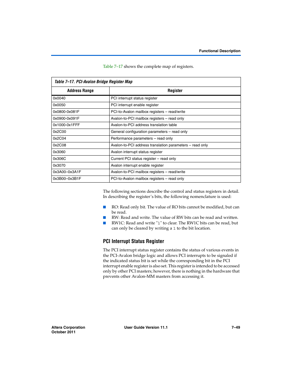 Pci interrupt status register | Altera PCI Compiler User Manual | Page 317 / 360