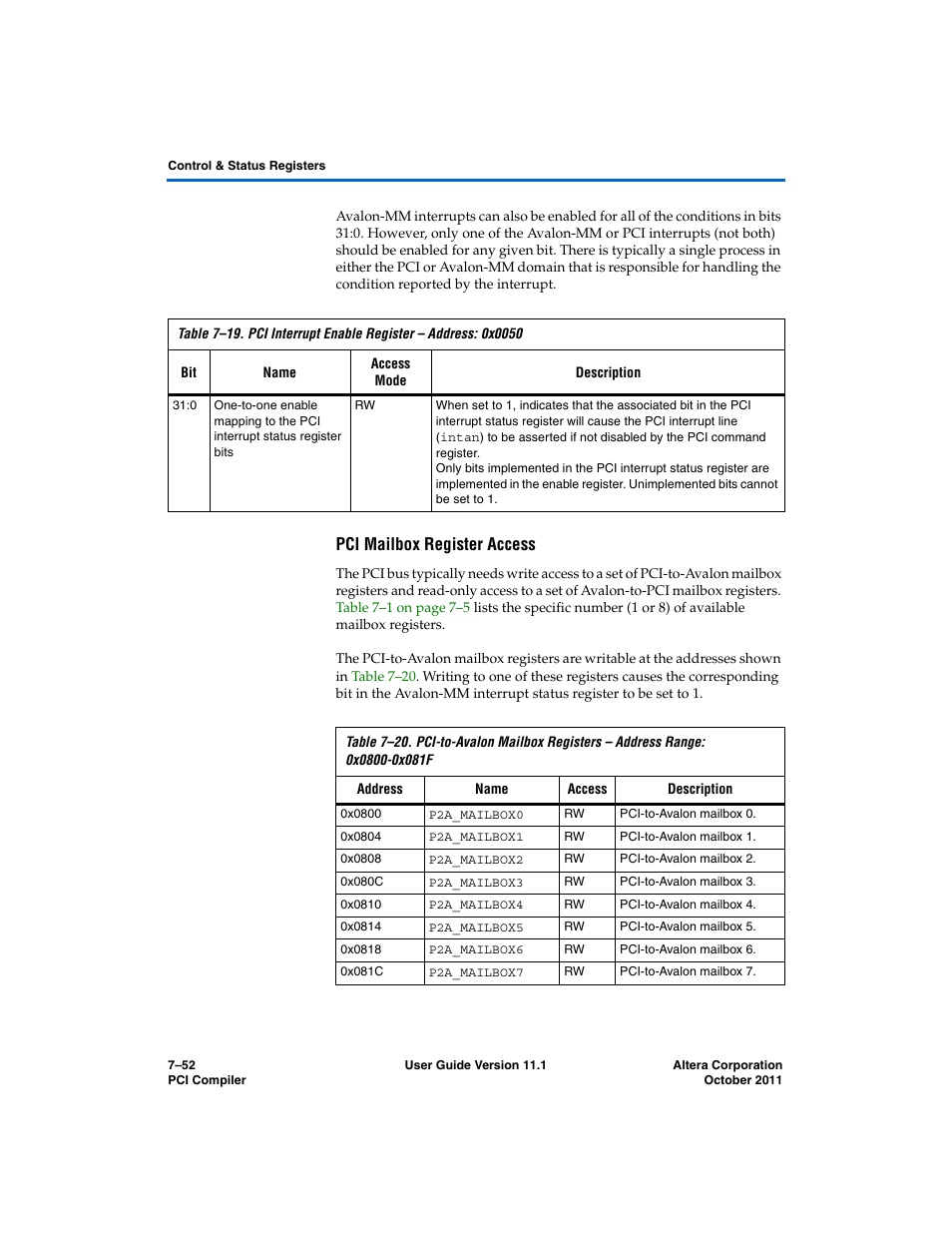 Pci mailbox register access | Altera PCI Compiler User Manual | Page 320 / 360