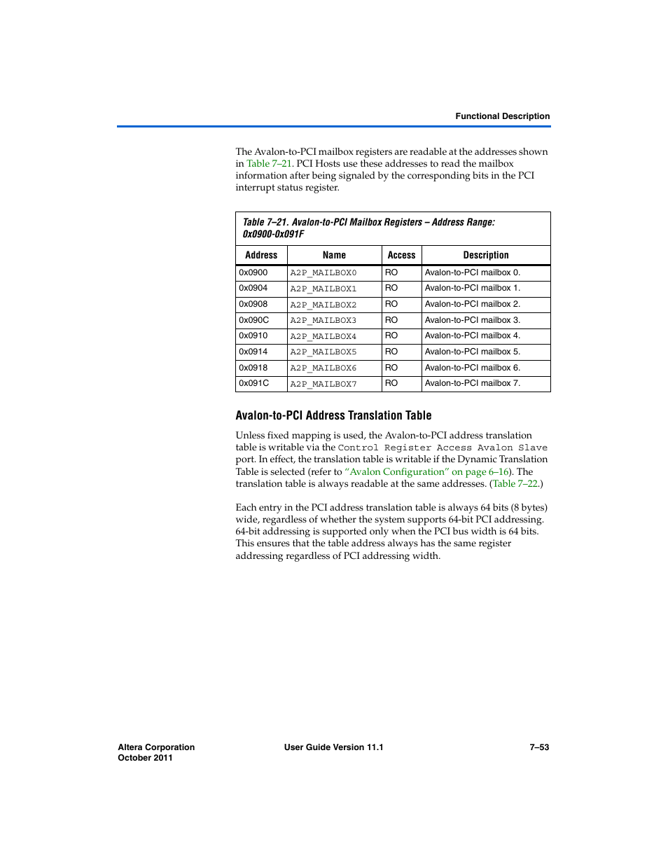 Avalon-to-pci address translation table | Altera PCI Compiler User Manual | Page 321 / 360