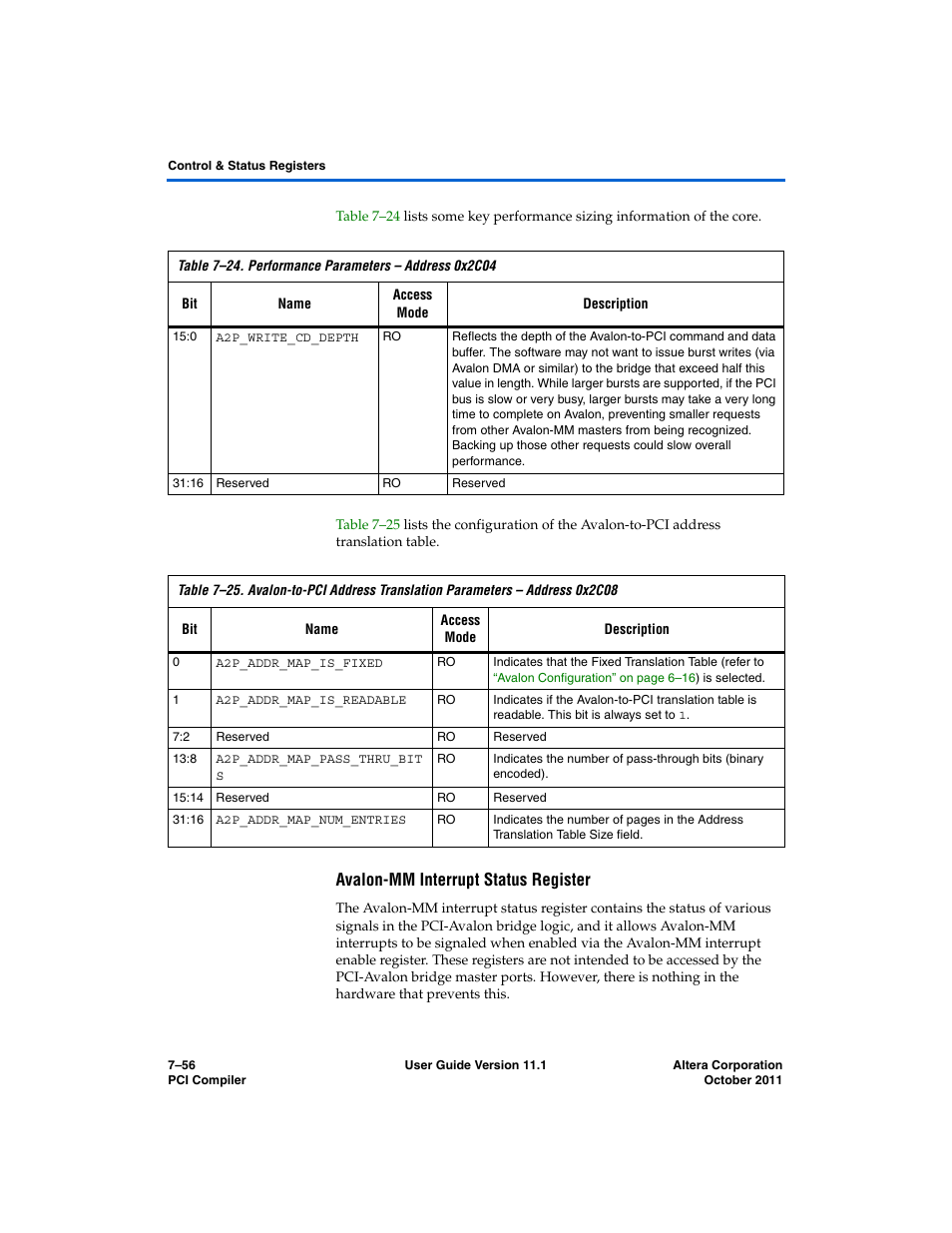 Avalon-mm interrupt status register | Altera PCI Compiler User Manual | Page 324 / 360