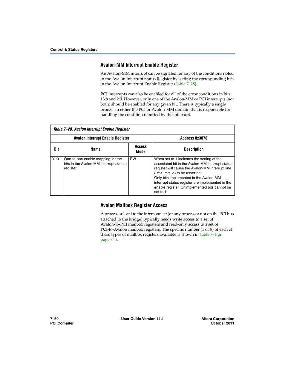 Avalon-mm interrupt enable register, Avalon mailbox register access, Table 7–28 on | Ster | Altera PCI Compiler User Manual | Page 328 / 360