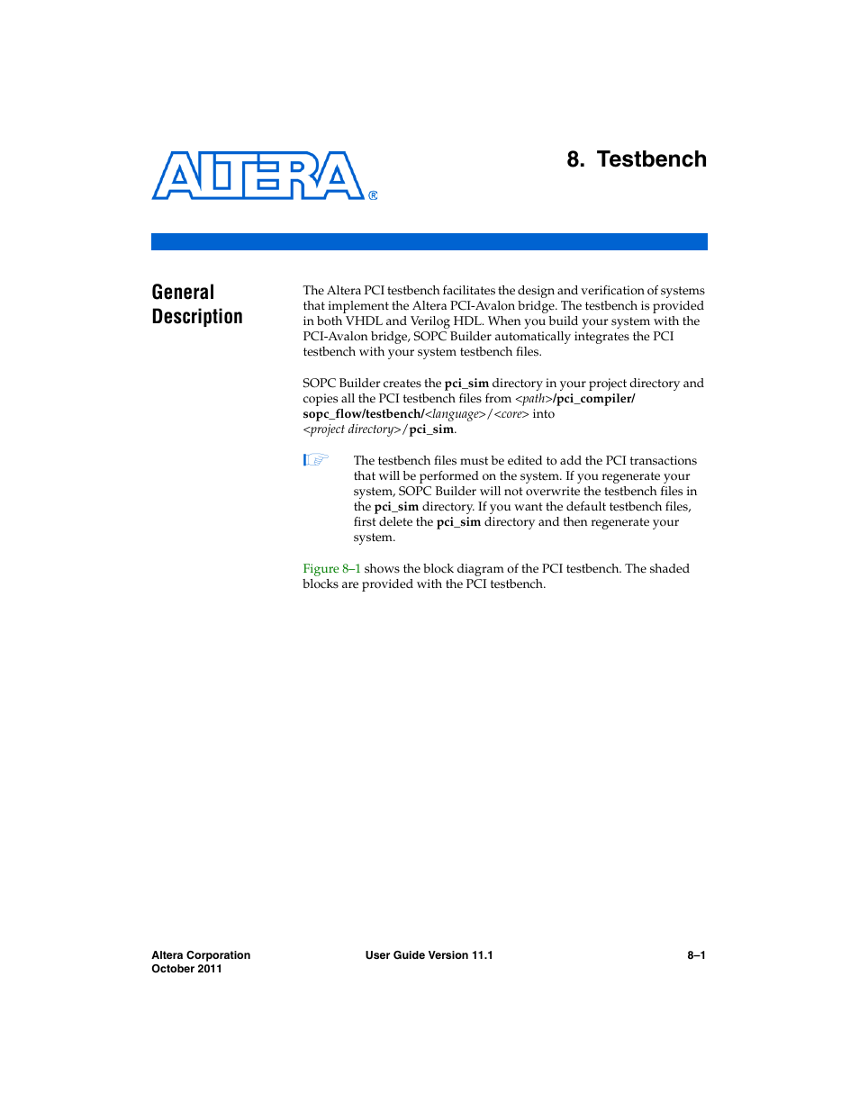 Testbench, General description, Chapter 8. testbench | General description –1, Chapter 8, testbench | Altera PCI Compiler User Manual | Page 331 / 360
