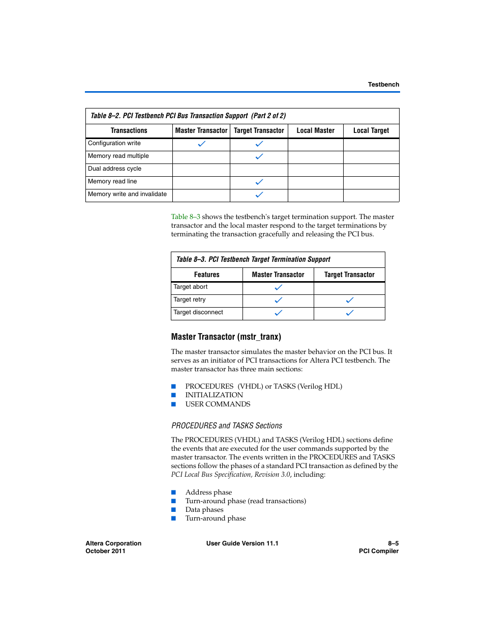 Master transactor (mstr_tranx), Procedures and tasks sections | Altera PCI Compiler User Manual | Page 335 / 360