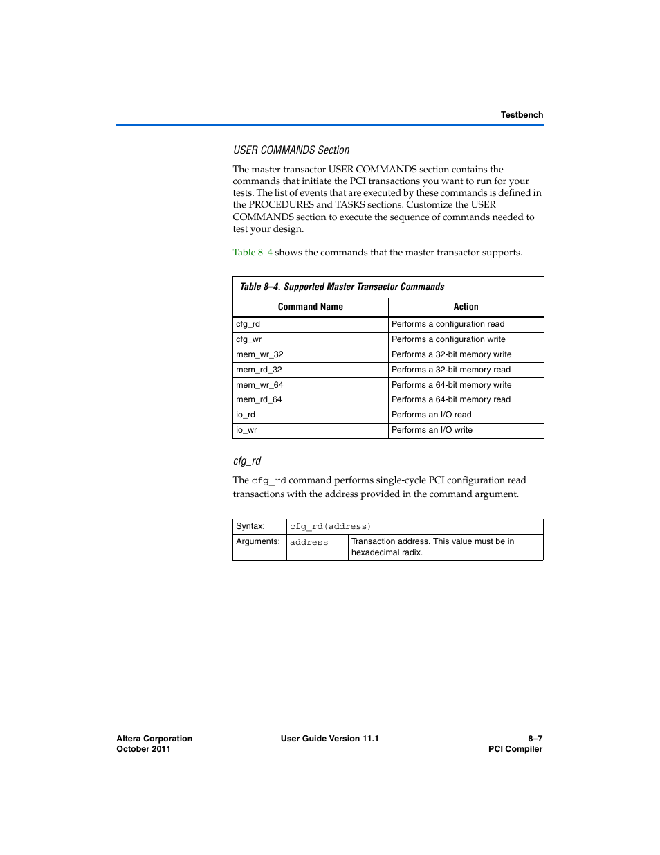 User commands section, Cfg_rd | Altera PCI Compiler User Manual | Page 337 / 360