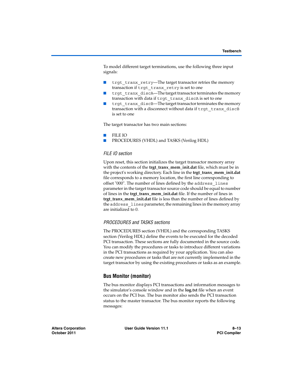 File io section, Procedures and tasks sections, Bus monitor (monitor) | Altera PCI Compiler User Manual | Page 343 / 360