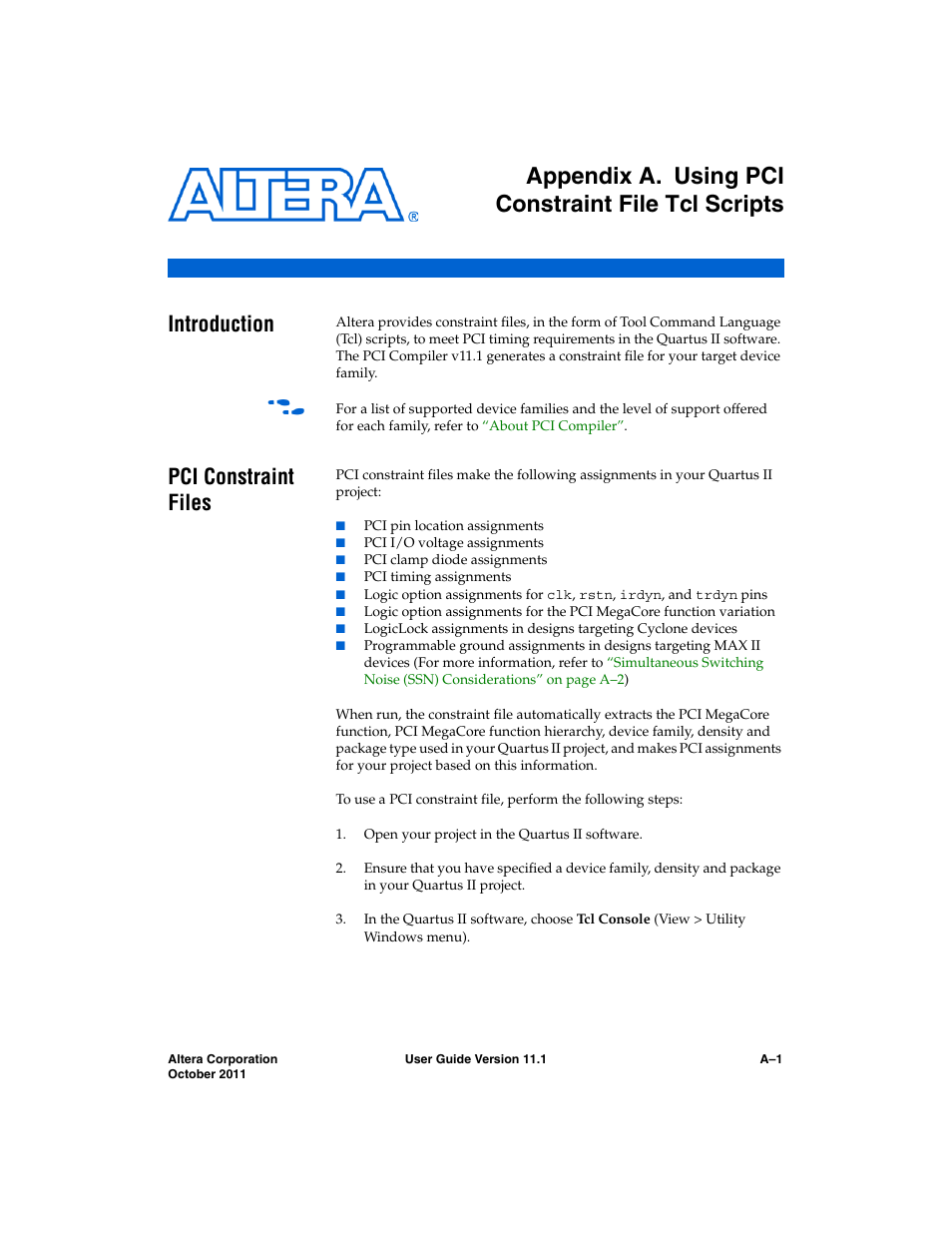 Appendix a. using pci constraint file tcl scripts, Introduction, Pci constraint files | Fer to, Appendix a, using, Pci constraint file tcl scripts, Appendix a, using pci constraint file tcl scripts, Appendix a, Using pci constraint file tcl scripts | Altera PCI Compiler User Manual | Page 347 / 360