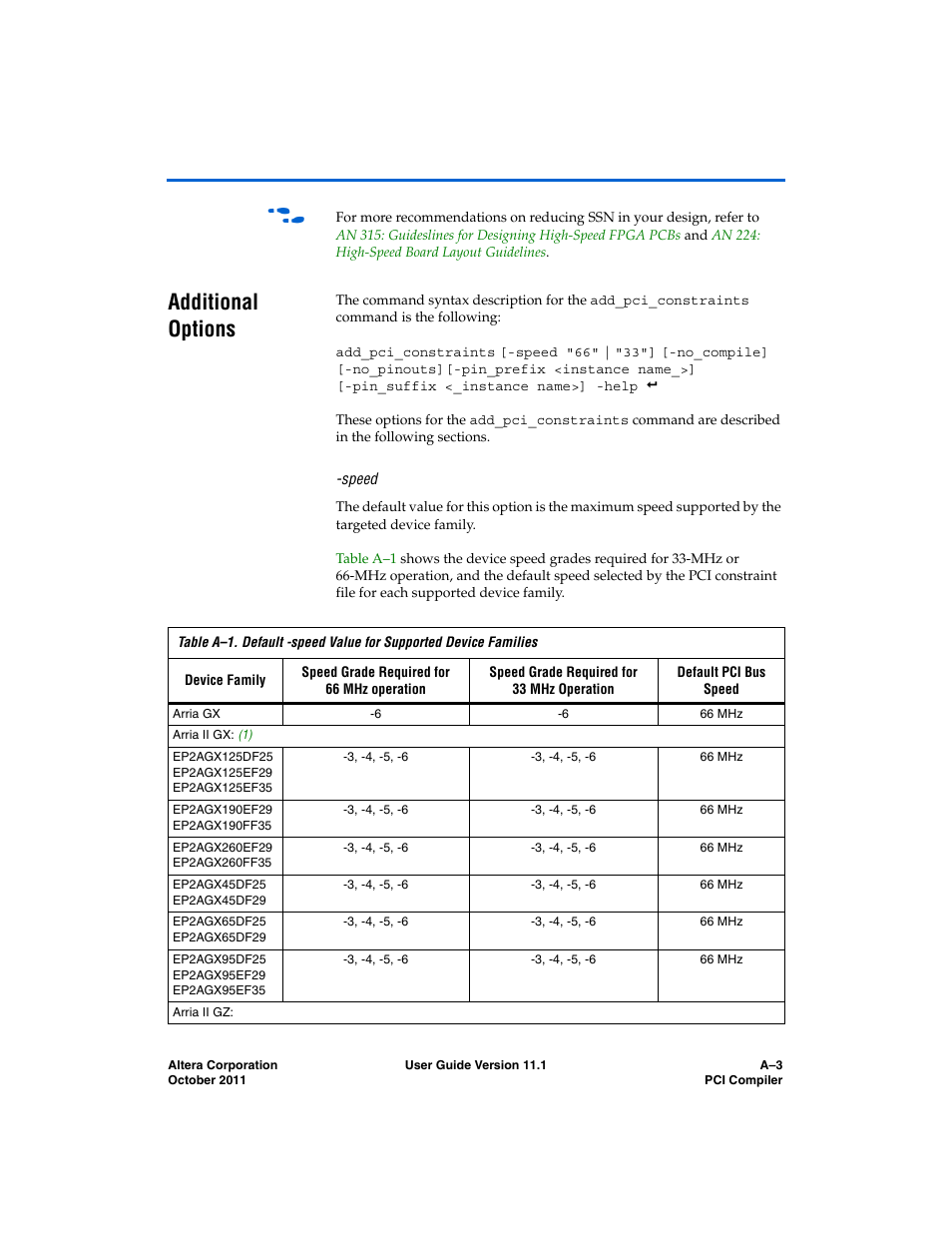 Additional options, Speed | Altera PCI Compiler User Manual | Page 349 / 360