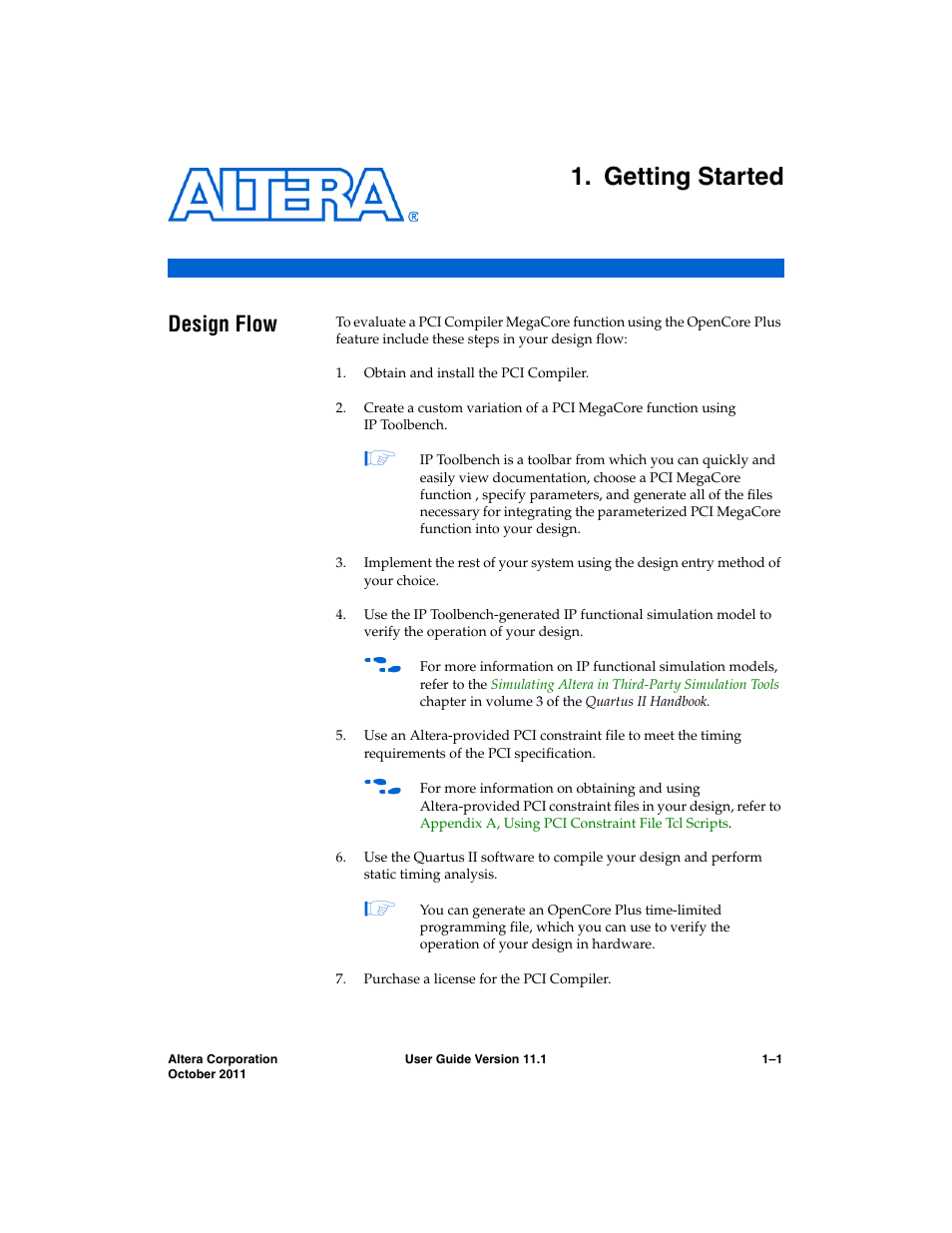 Getting started, Design flow, Chapter 1. getting started | Design flow –1, Chapter 1, getting started | Altera PCI Compiler User Manual | Page 35 / 360