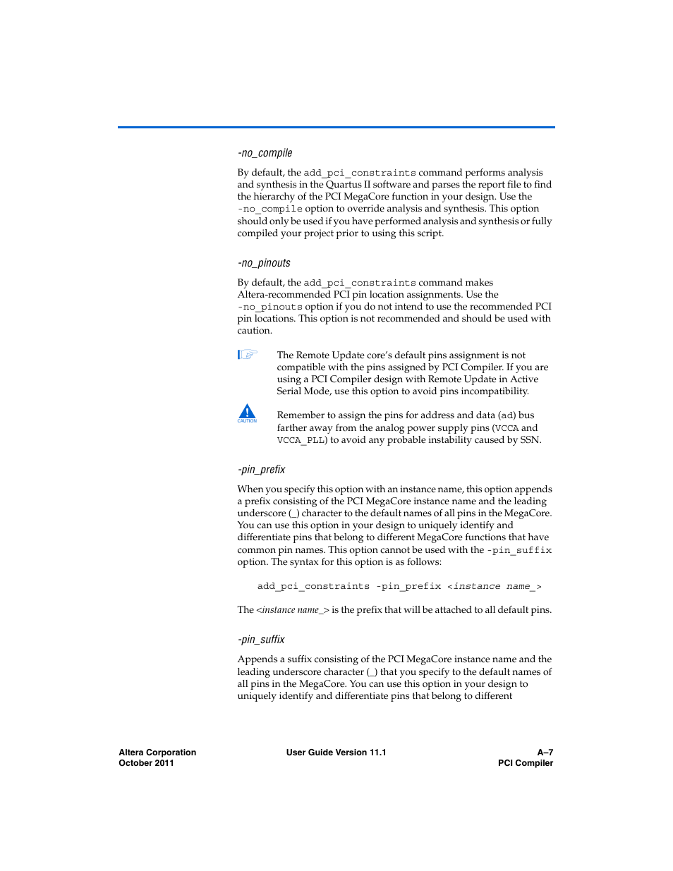 No_compile, No_pinouts, Pin_prefix | Pin_suffix | Altera PCI Compiler User Manual | Page 353 / 360