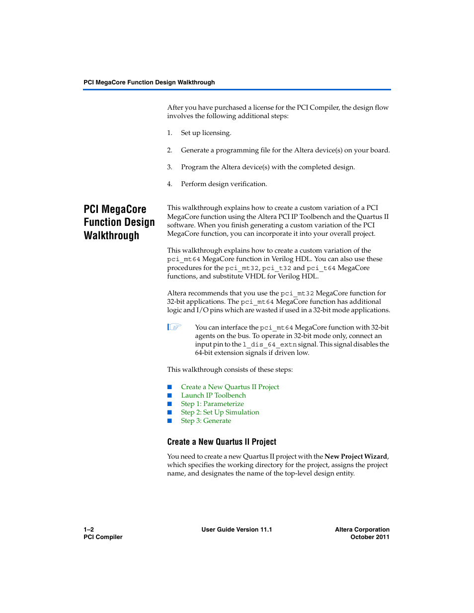 Pci megacore function design walkthrough, Create a new quartus ii project, Pci megacore function design walkthrough –2 | Altera PCI Compiler User Manual | Page 36 / 360