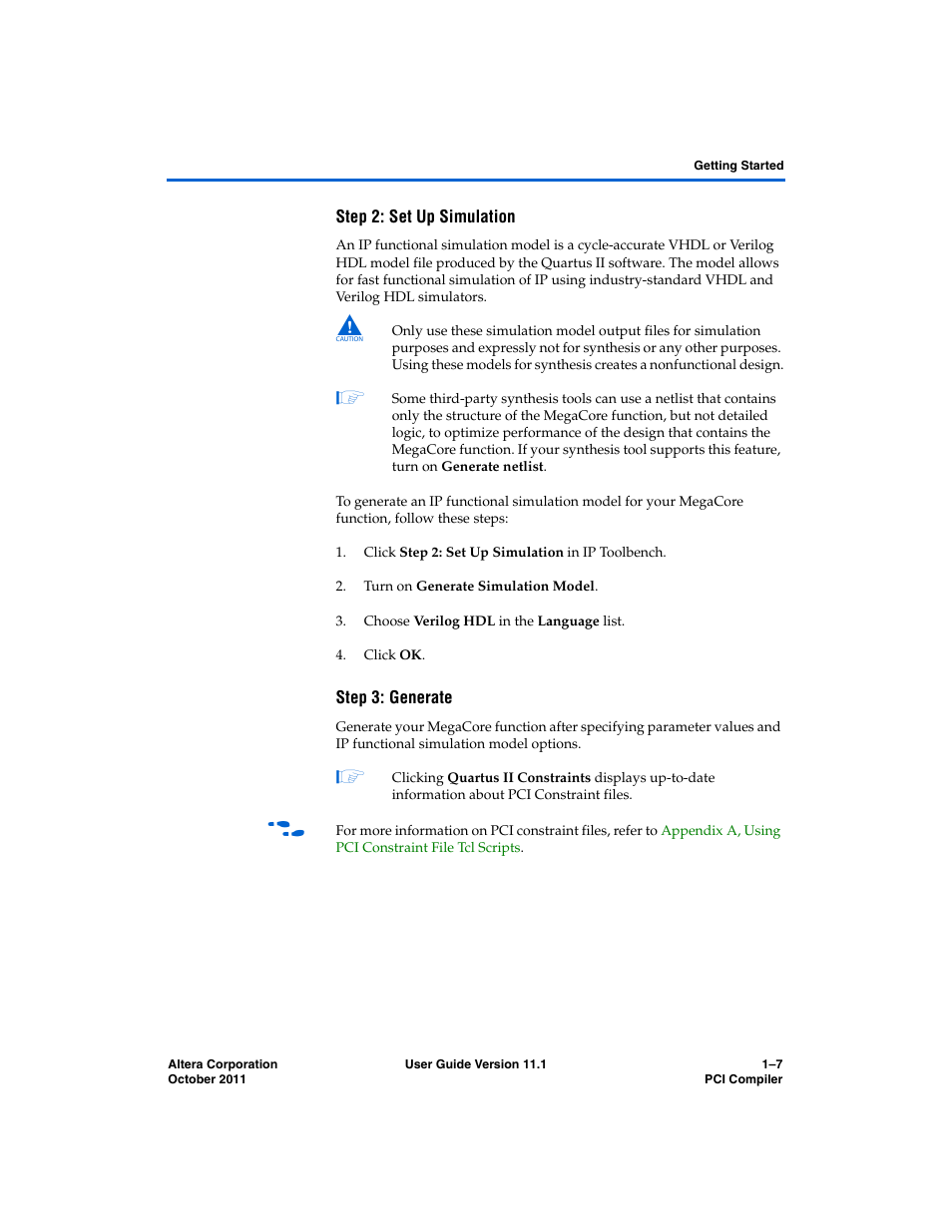 Step 2: set up simulation, Step 3: generate | Altera PCI Compiler User Manual | Page 41 / 360