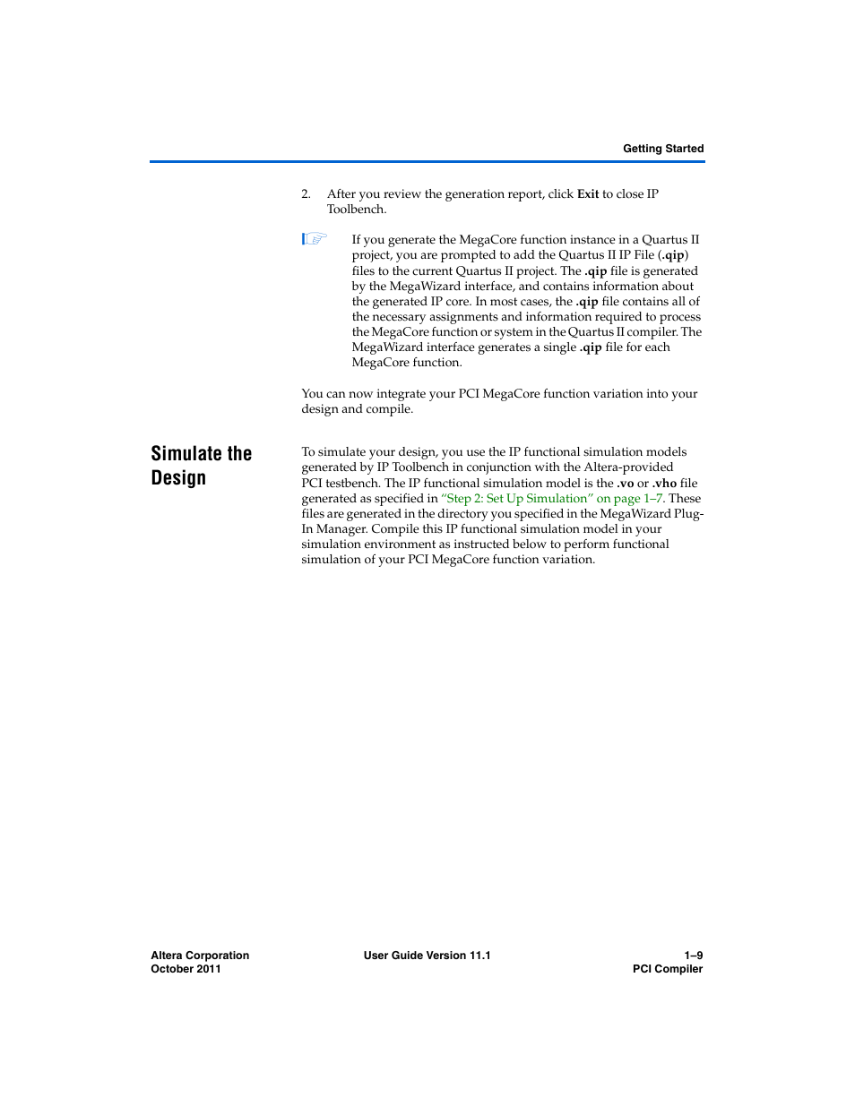 Simulate the design, Simulate the design –9 | Altera PCI Compiler User Manual | Page 43 / 360