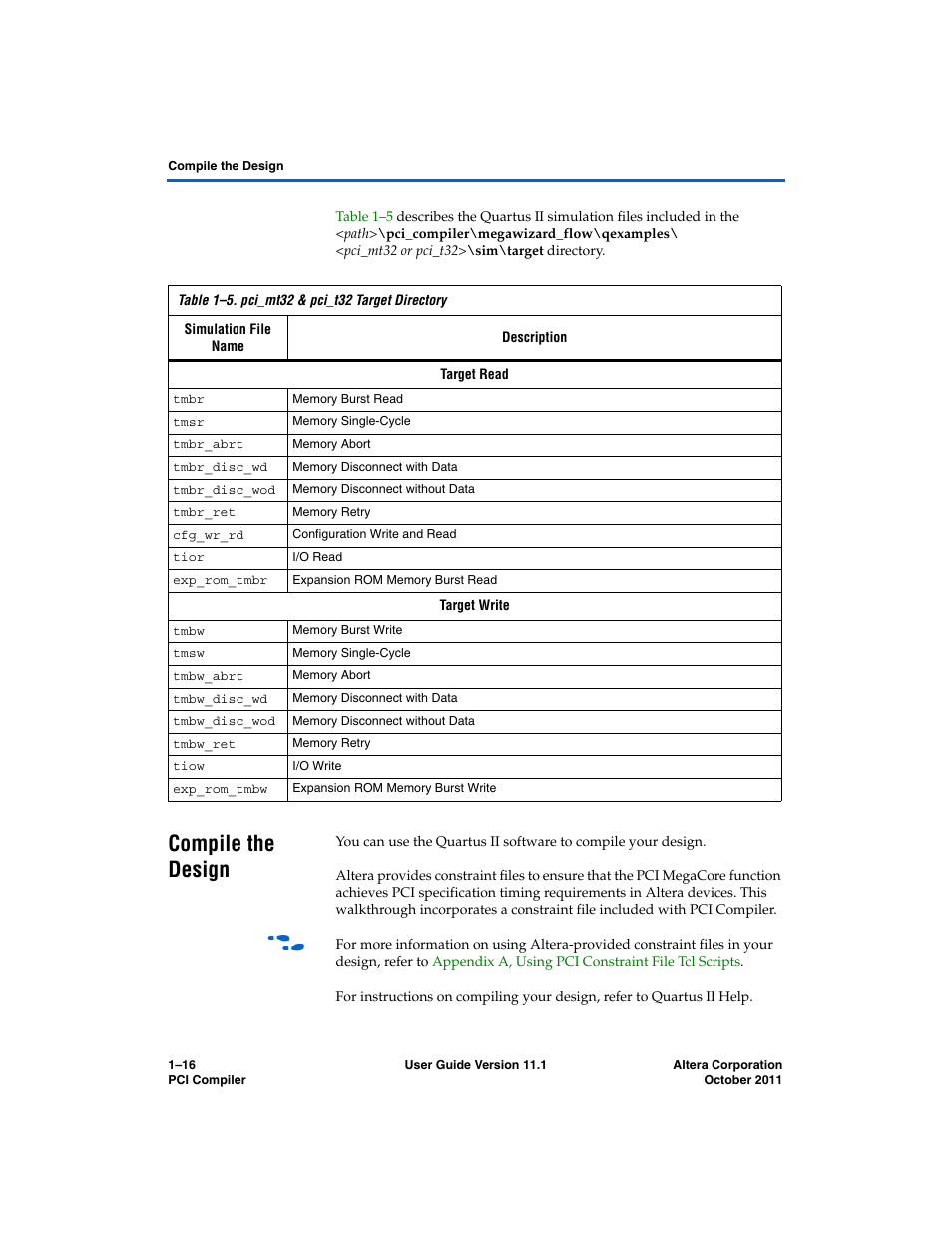 Compile the design, Compile the design –16 | Altera PCI Compiler User Manual | Page 50 / 360