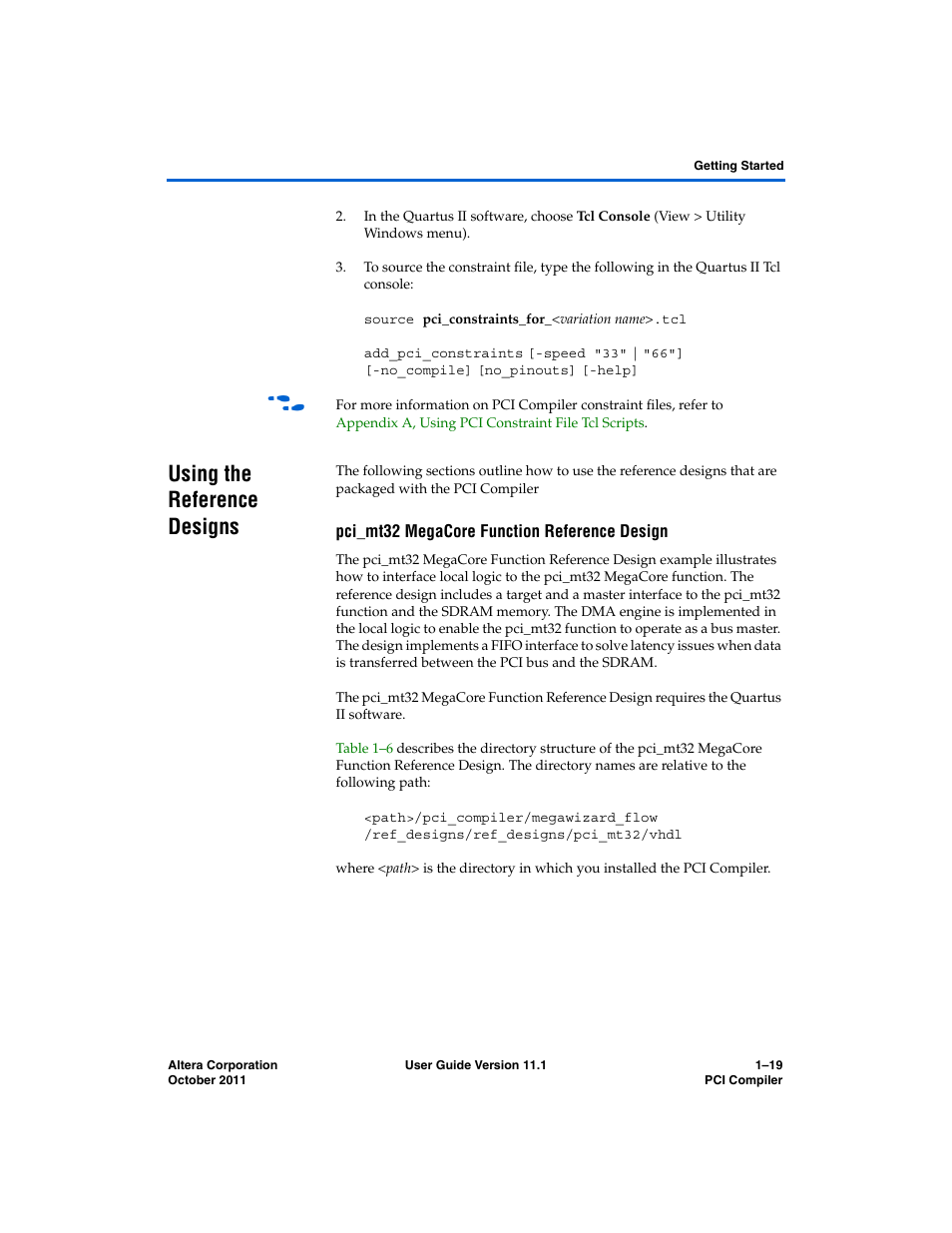Using the reference designs, Pci_mt32 megacore function reference design, Using the reference designs –19 | Altera PCI Compiler User Manual | Page 53 / 360
