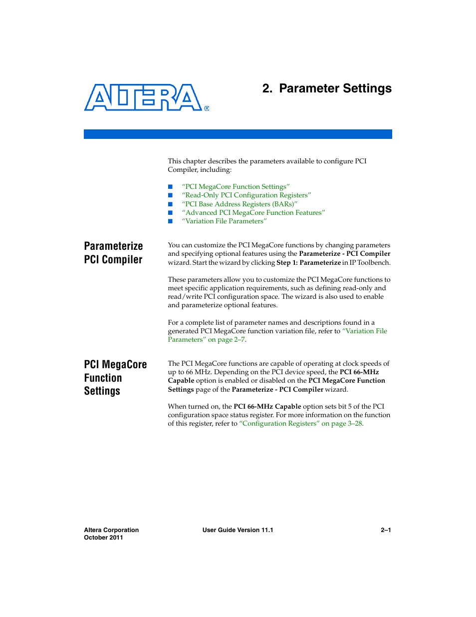 Parameter settings, Parameterize pci compiler, Pci megacore function settings | Chapter 2. parameter settings, Chapter 2, parameter settings | Altera PCI Compiler User Manual | Page 59 / 360