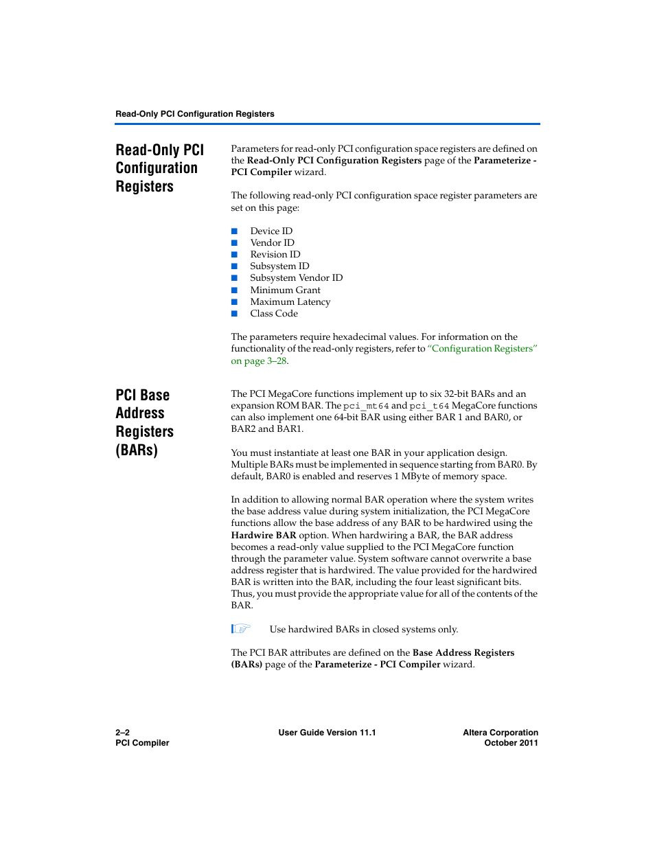 Read-only pci configuration registers, Pci base address registers (bars) | Altera PCI Compiler User Manual | Page 60 / 360