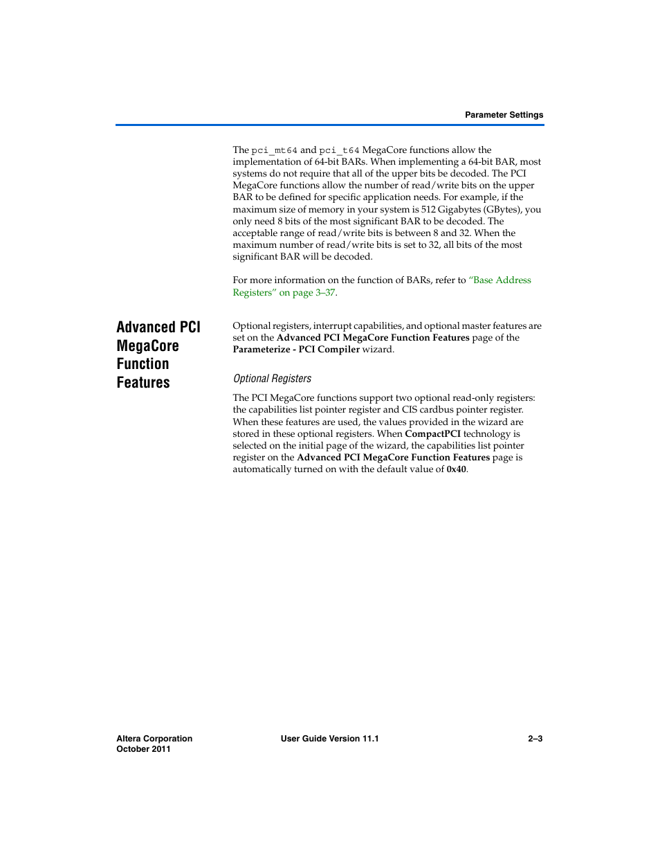 Advanced pci megacore function features, Optional registers, Advanced pci megacore function features –3 | Altera PCI Compiler User Manual | Page 61 / 360