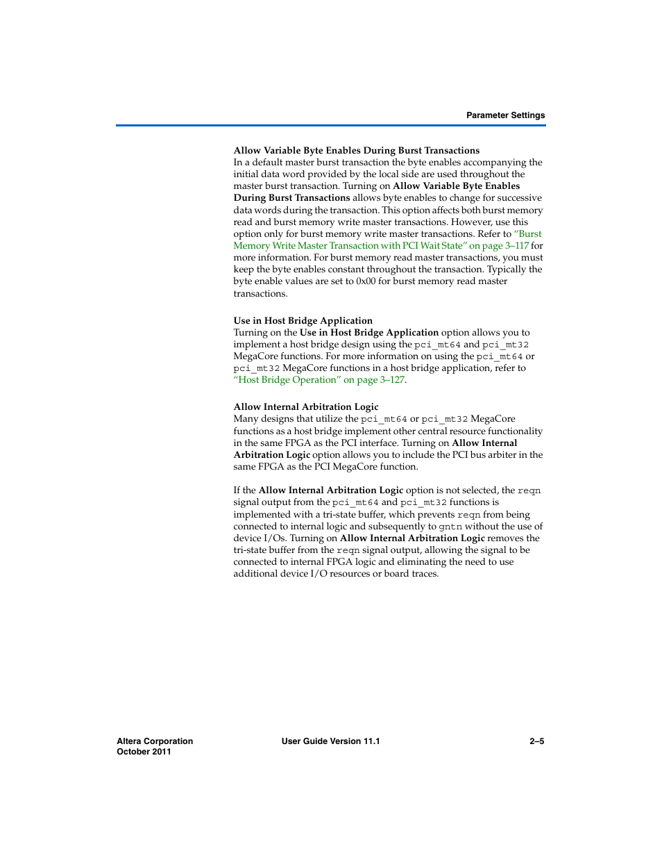 Use in host bridge application, Allow internal arbitration logic | Altera PCI Compiler User Manual | Page 63 / 360