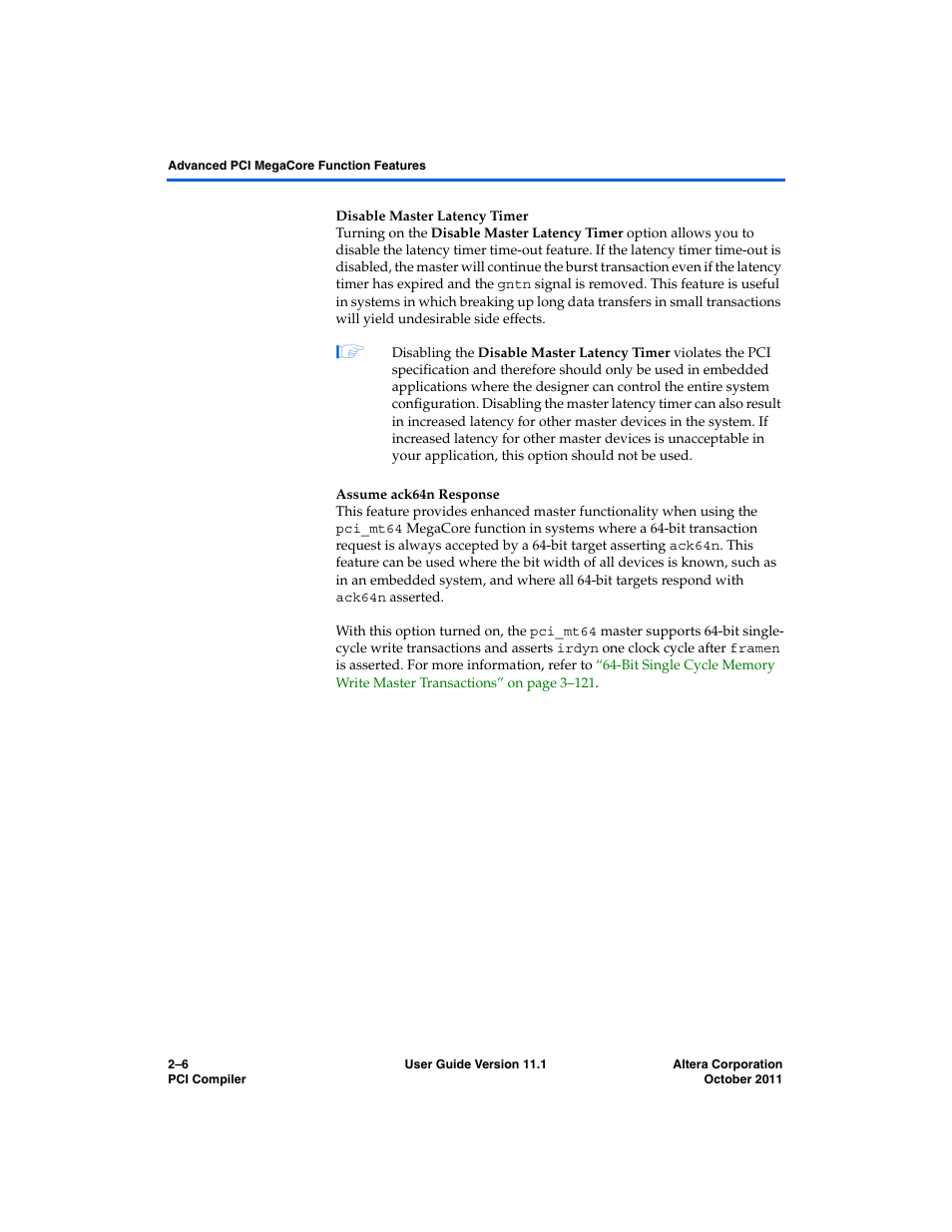 Disable master latency timer, Assume ack64n response | Altera PCI Compiler User Manual | Page 64 / 360