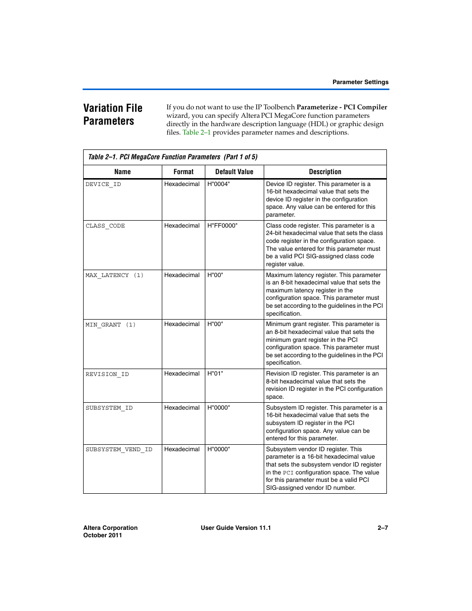 Variation file parameters, Variation file parameters –7, Variation file | Altera PCI Compiler User Manual | Page 65 / 360