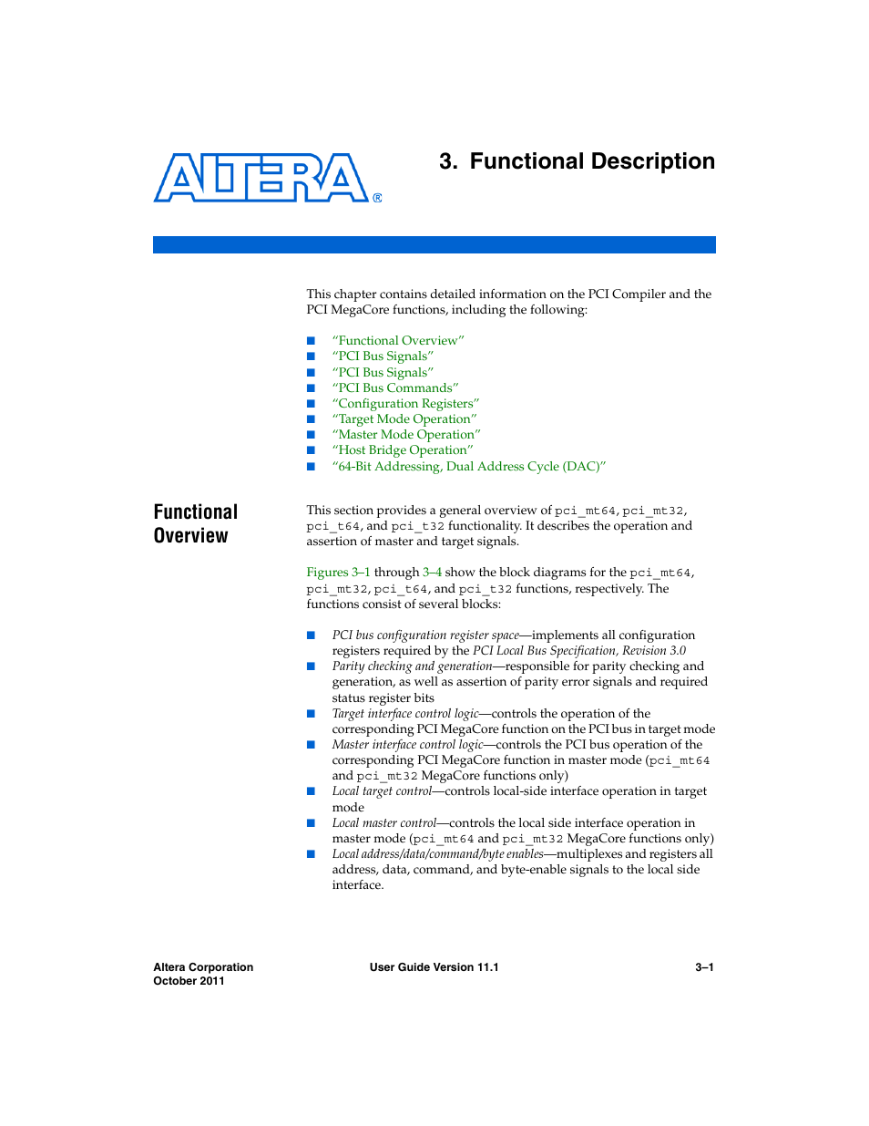 Functional description, Functional overview, Chapter 3. functional description | Functional overview –1, Chapter 3, functional description | Altera PCI Compiler User Manual | Page 75 / 360