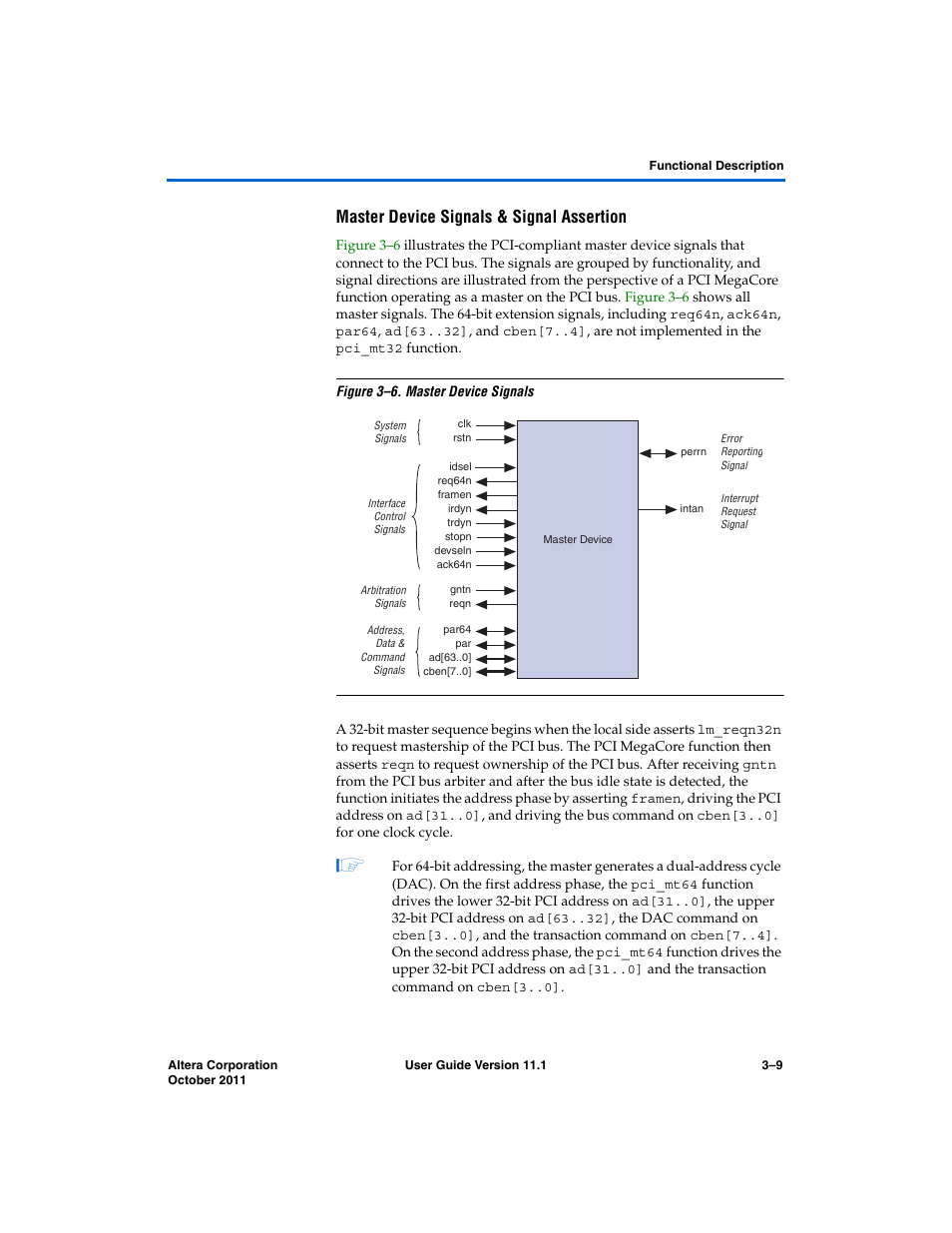 Master device signals & signal assertion | Altera PCI Compiler User Manual | Page 83 / 360
