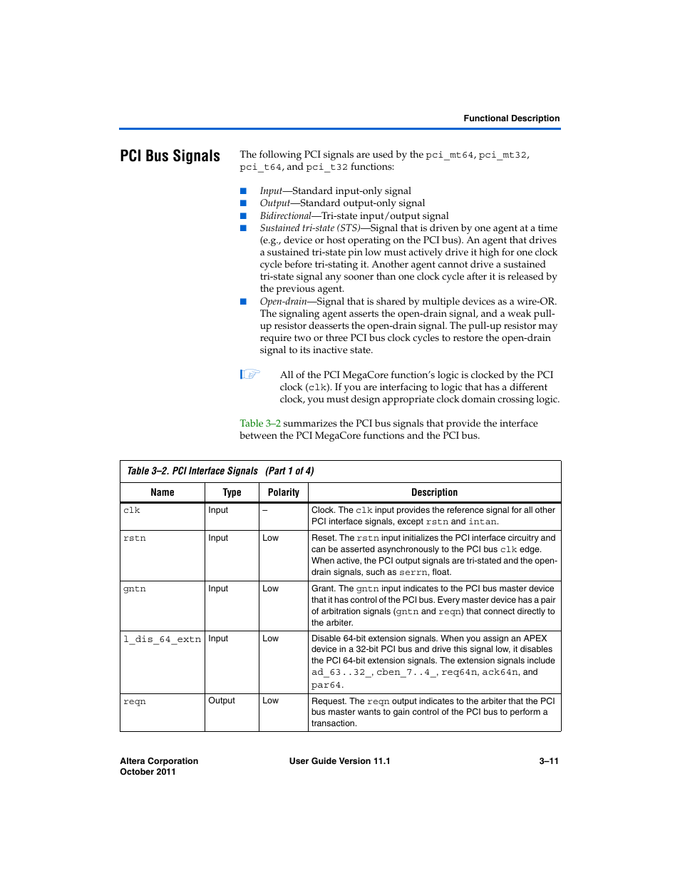 Pci bus signals, Pci bus signals –11 | Altera PCI Compiler User Manual | Page 85 / 360