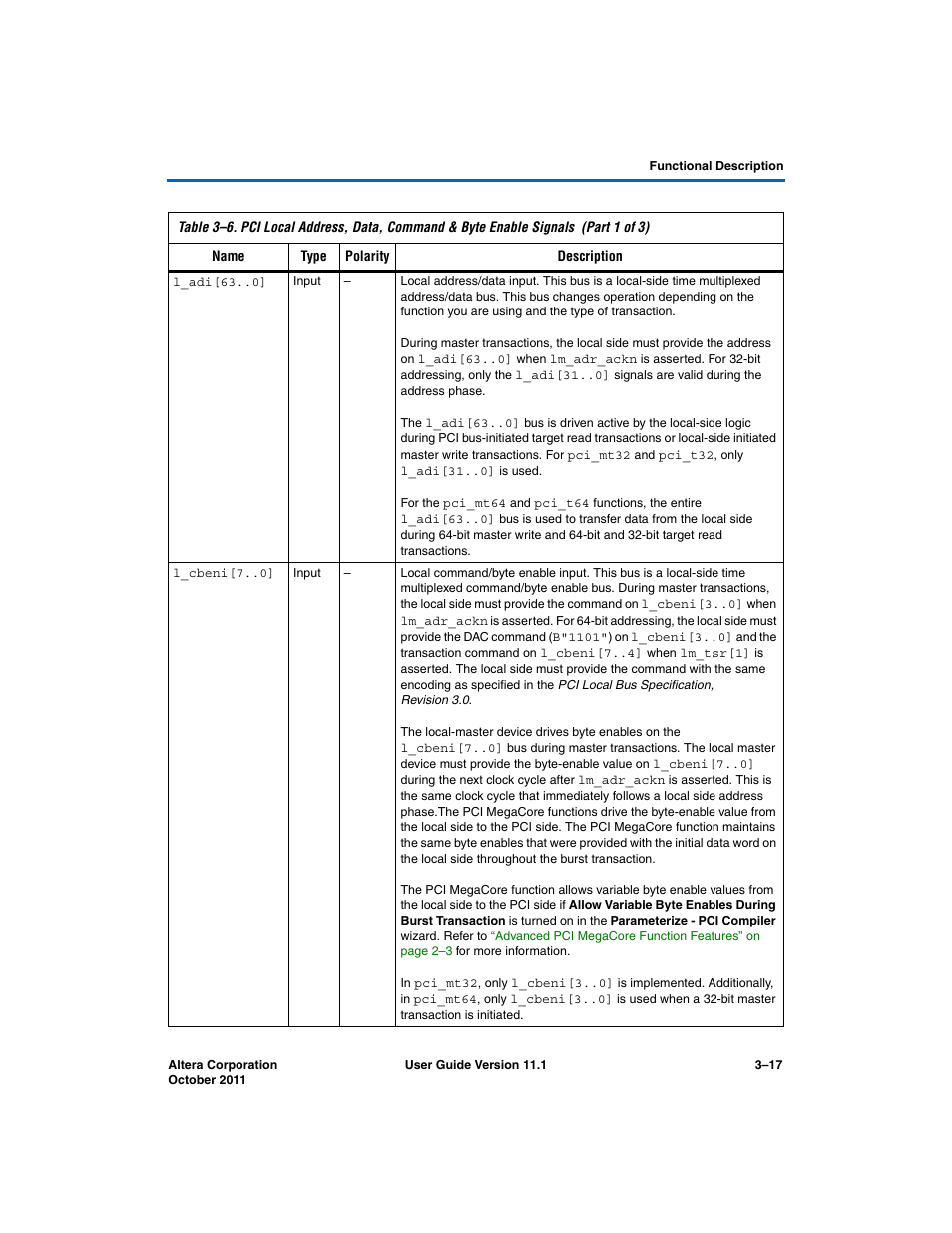 Table 3–6 | Altera PCI Compiler User Manual | Page 91 / 360