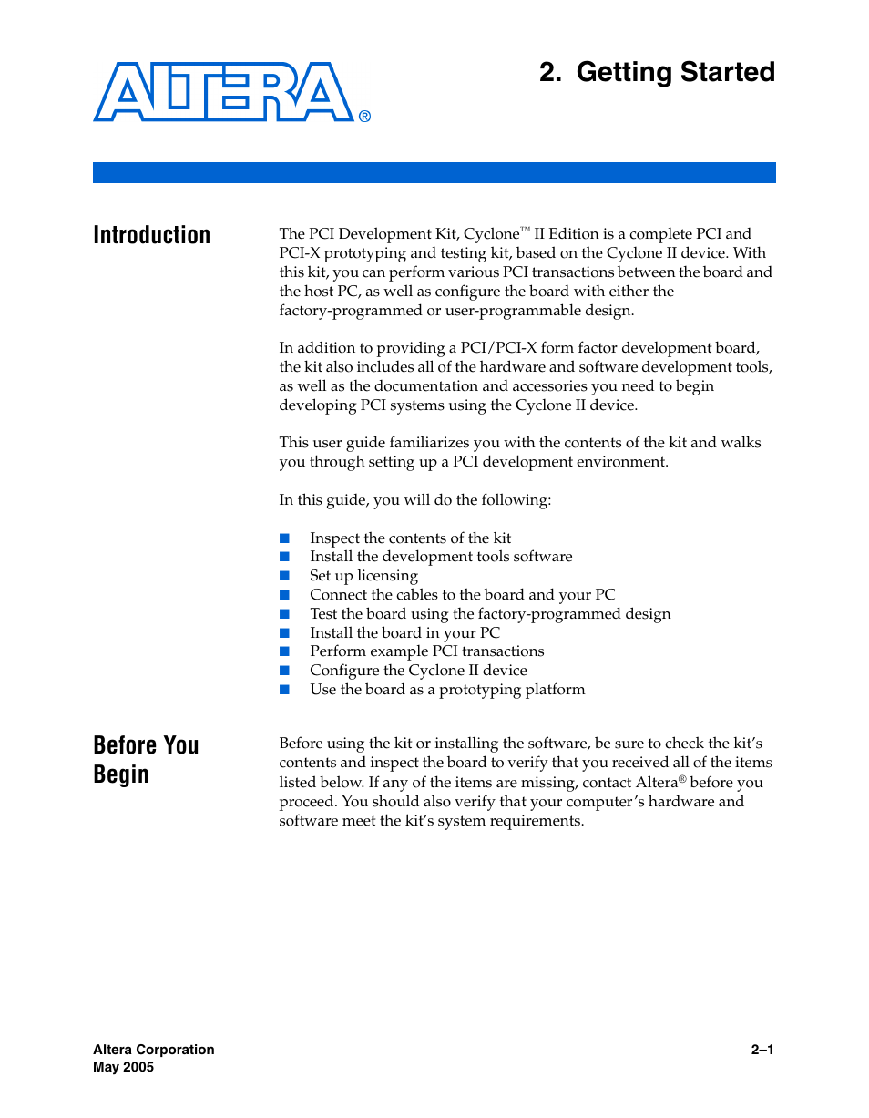 Getting started, Introduction, Before you begin | Chapter 2. getting started, Introduction –1 before you begin –1 | Altera PCI Development Kit, Cyclone II Edition Getting Started User Manual | Page 11 / 40