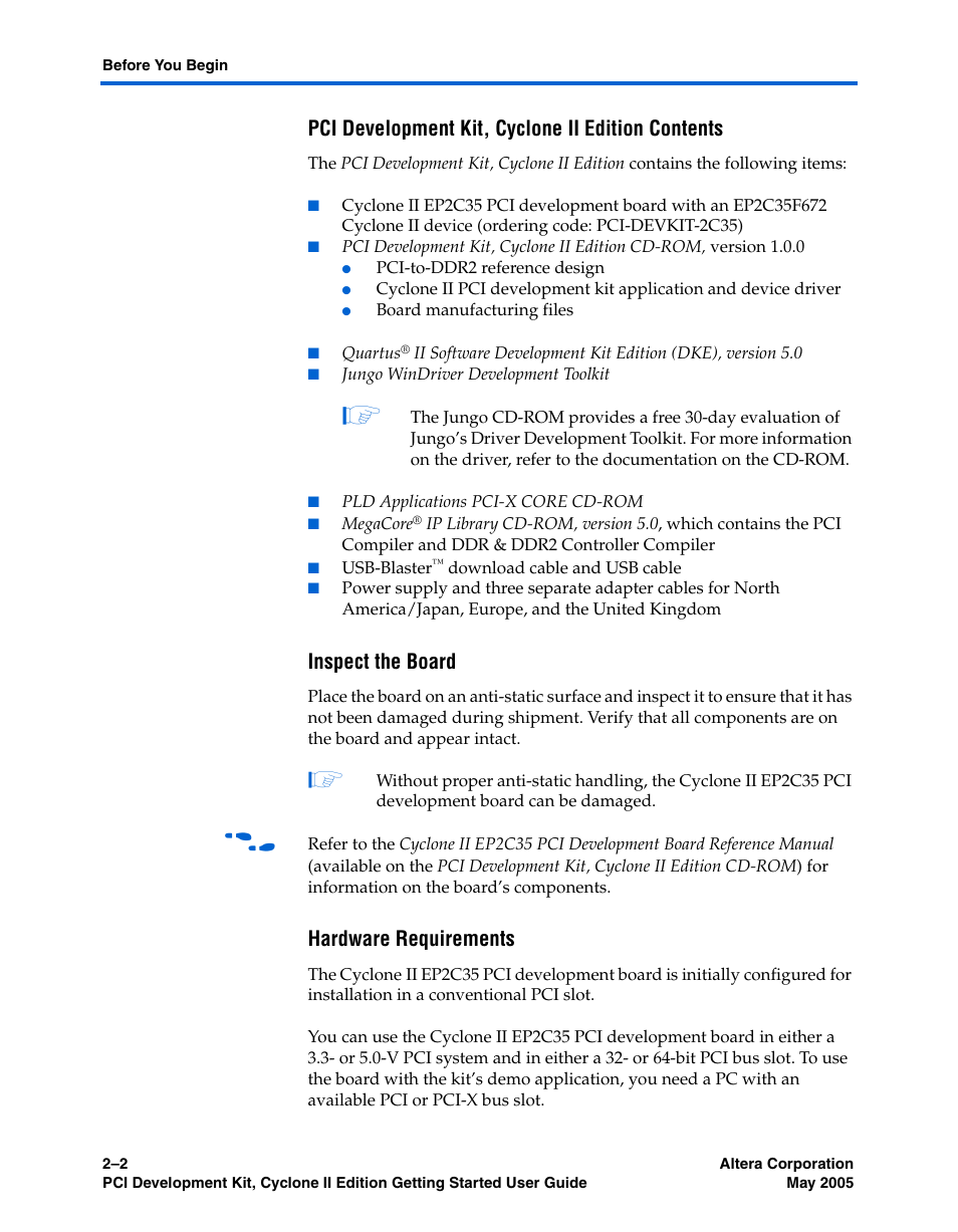 Pci development kit, cyclone ii edition contents, Inspect the board, Hardware requirements | Altera PCI Development Kit, Cyclone II Edition Getting Started User Manual | Page 12 / 40