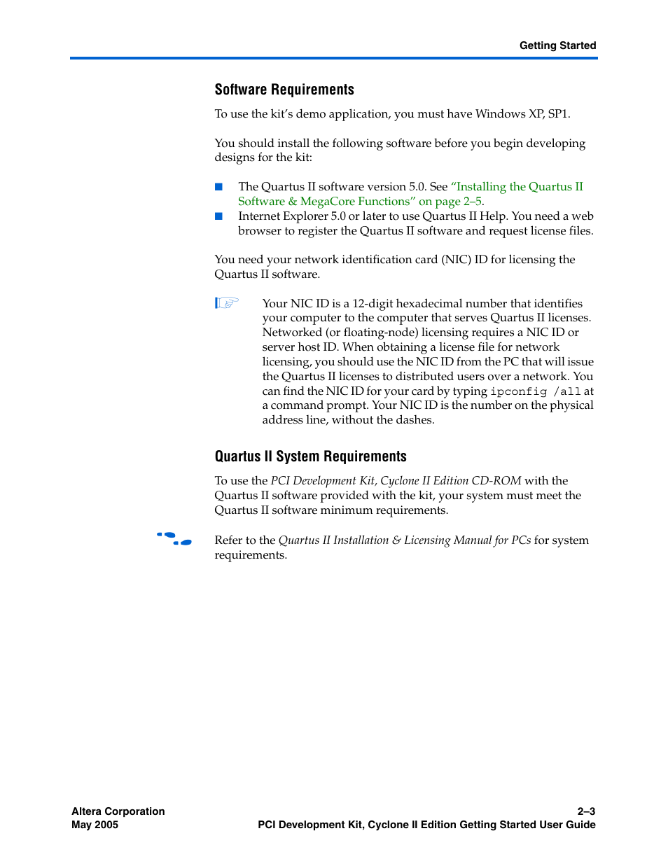Software requirements, Quartus ii system requirements | Altera PCI Development Kit, Cyclone II Edition Getting Started User Manual | Page 13 / 40