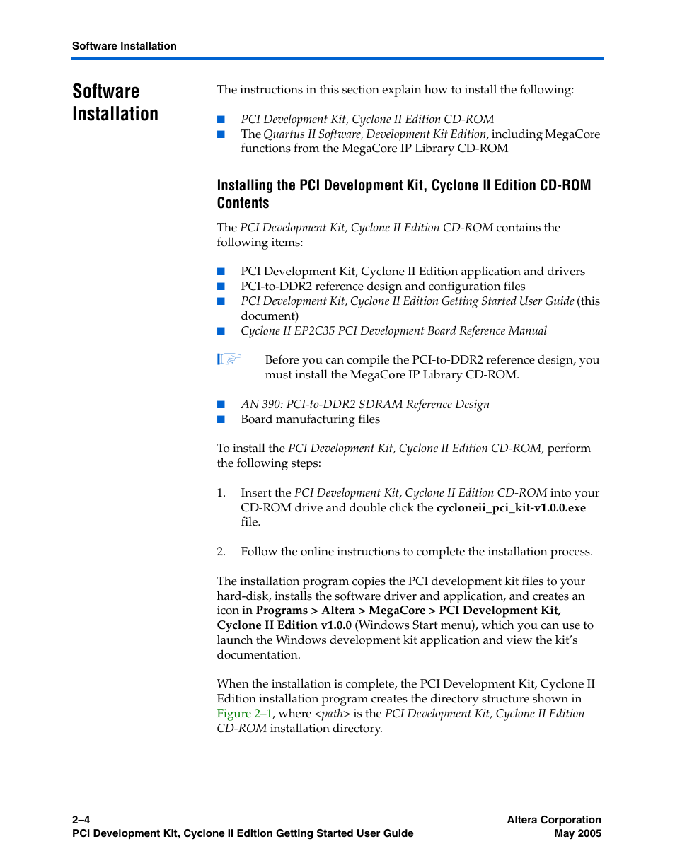 Software installation, Software installation –4 | Altera PCI Development Kit, Cyclone II Edition Getting Started User Manual | Page 14 / 40