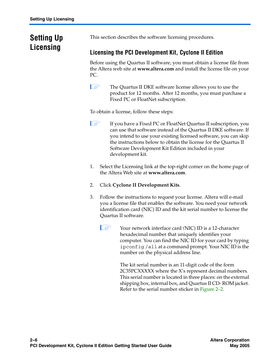 Setting up licensing, Setting up licensing –6 | Altera PCI Development Kit, Cyclone II Edition Getting Started User Manual | Page 16 / 40